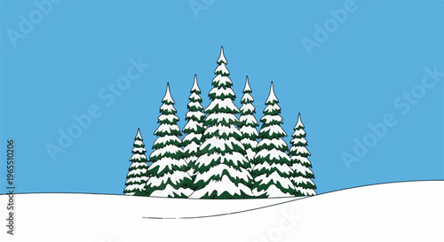 Snow-covered evergreen trees stand against a bright blue winter sky