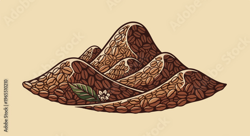 A stylized landscape made of coffee beans with a leaf and flower