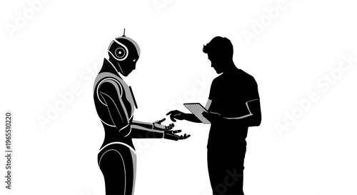 Robot and man in discussion.