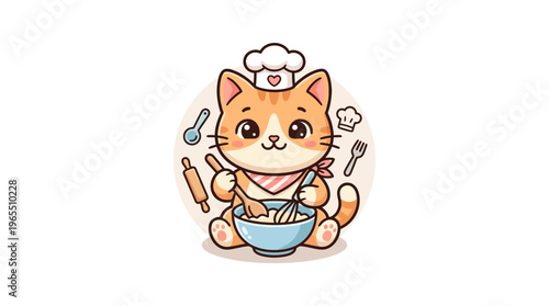 Cute Cartoon Cat Cooking in the Kitchen