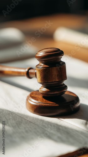 close-up of wooden gavel placed on desk with blurred legal documents, minimal composition, soft neutral tones, clean background, focus on simplicity and symbolism of justice, natural light, realistic 