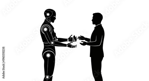 Robot and man shaking hands together.