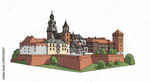 A stylized illustration of a large historic castle complex with towers and ramparts