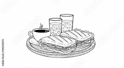 A steaming cup of coffee next to two sandwiches and two drinks on a plate