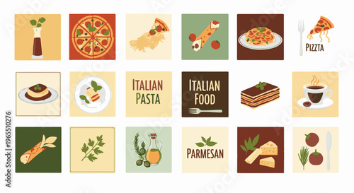 Collage of Italian food illustrations, including pizza, pasta, desserts, and ingredients