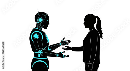 Robot and woman shaking hands together.