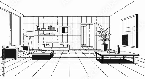 Stylized line art of a modern living room with minimalist furniture and decor