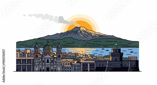 Stylized illustration of a city by the sea with a volcano