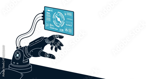 Robotic arm with digital screen interface.