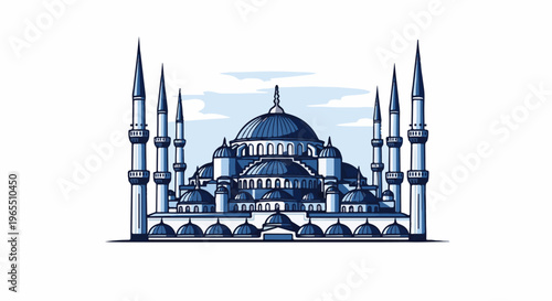 A pixel art illustration of a grand blue mosque with multiple domes and minarets