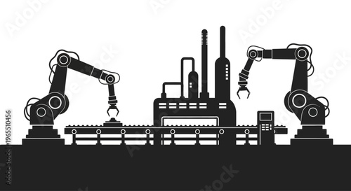 Robotic arms in industrial factory setting.