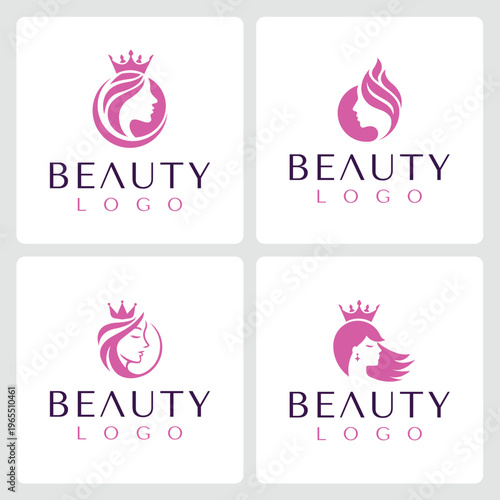 beauty pink woman logo with flower or crown logo template. Illustration design for salon, makeover, hair stylist, hairdresser, hair cut, studio.
