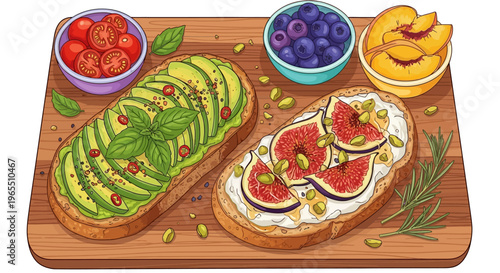 Avocado and fig toast on wooden board.