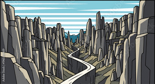 Winding road through a canyon of sharp rock spires under a striped sky