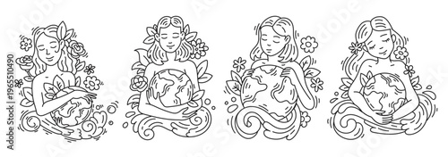 Eco friendly girl hugging planet Earth, line art set. Mother Nature and globe with blooming flowers, foliage and sea waves for environmental protection. Love and care for Earth Day. Ecology collection