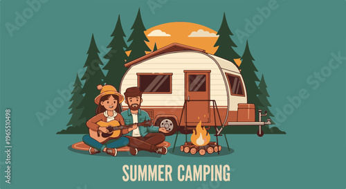 Couple enjoying summer camping by a trailer with campfire