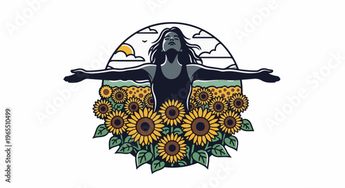 Woman embracing sunshine and sunflowers under a stylized sky