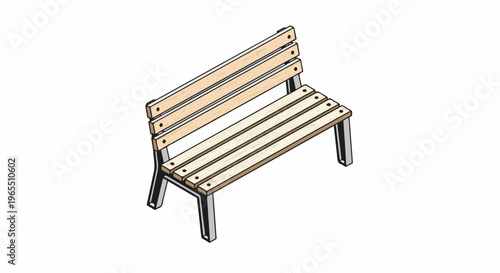A minimalist, isometric view of a wooden slatted park bench with metal legs