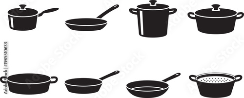Set of kitchen cookware silhouettes featuring various cooking pots, frying pans and saucepans