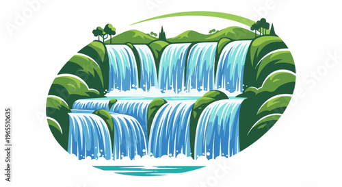 A lush, multi-tiered waterfall cascades through verdant hills and trees