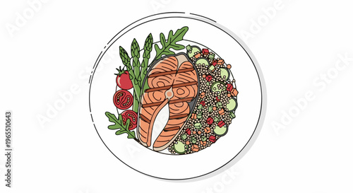 A healthy meal with grilled salmon, quinoa salad, asparagus, and tomatoes