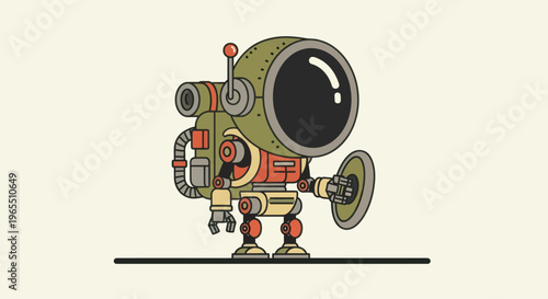 Robot with large black eye standing.