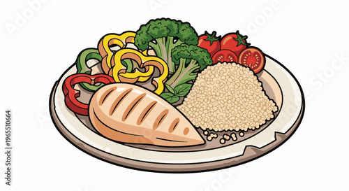 A healthy meal on a plate with grilled chicken, quinoa, and vegetables