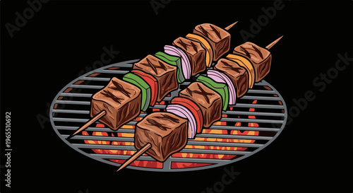 Two meat and vegetable skewers cooking on a grill over hot coals