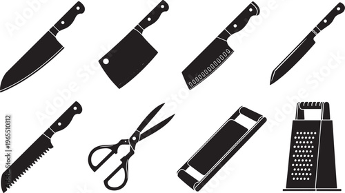 Set of Kitchen Utensils and Cutlery Icons Featuring Various Knives Scissors and Grater Tools