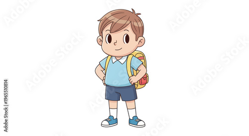 Cartoon boy with backpack smiling.