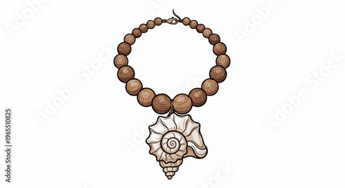 A beaded necklace with a large seashell pendant
