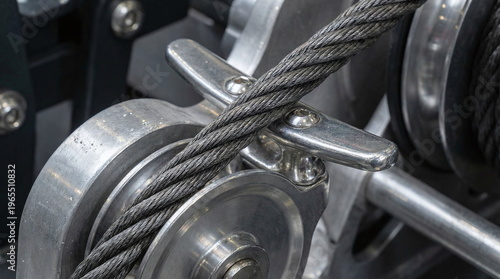 Close-up of a heavy-duty steel wire rope cable passing through a polished metal pulley and cleat mechanism