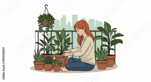 Woman tending potted plants on a balcony with city skyline