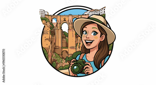 Woman wearing a hat takes a photo of a scenic bridge and town
