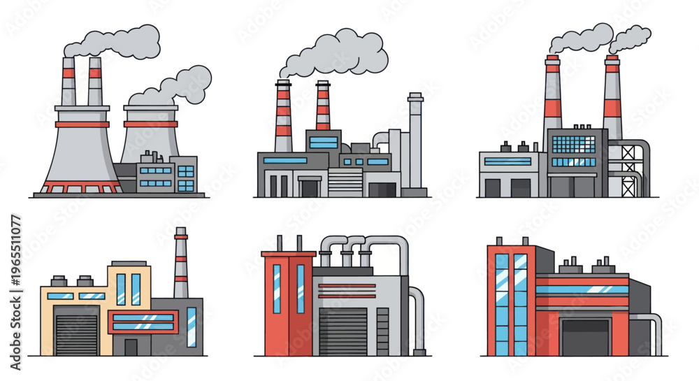 Obraz premium Industrial factory buildings with smokestacks.