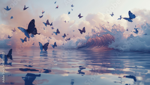 A dreamy, surreal representation of emotional release and inner freedom. Fragmented floating mirrors reflect calm ocean waves that transform into colorful smoke butterflies. 