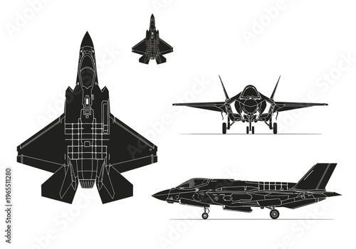 Modern Stealth Fighter Jet Silhouette Collection - 3-View Technical Drawing Schematic of Military Aircraft