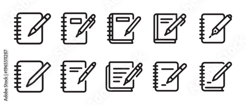 Writing and Editing Notebook with Pen Line Icon Set, representing concepts like education and creative work in a simple flat design vector illustration.
