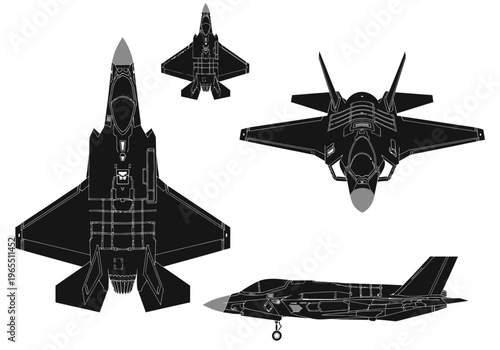 Modern Stealth Fighter Jet Silhouette Vector Set - F-35 Lightning II Multi-View Schematic with Top, Side, and Front Perspectives