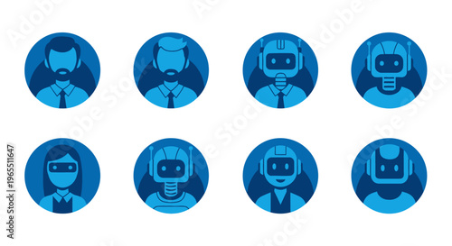 Blue Robot Faces in Circles.
