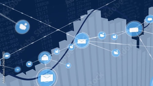 Envelope icon initiating connector lines, spawning nodes over finance chart, showing network growth