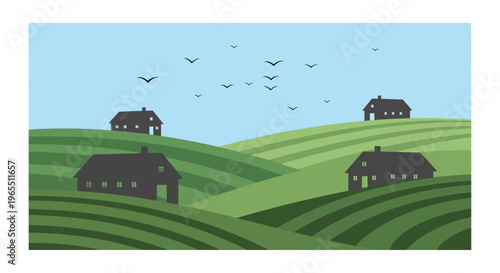 Cuadro en lienzo Houses on green rolling hills landscape.