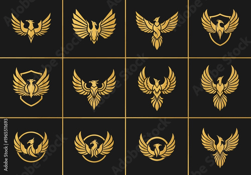 Luxury Golden Phoenix and Eagle Logo Set: 12 Minimalist Mythical Bird Emblems for Premium Branding and Corporate Identity