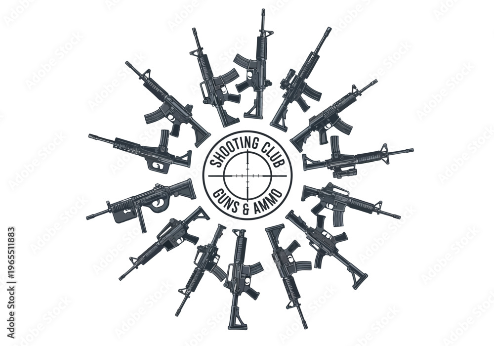 Obraz premium Tactical Shooting Club Emblem with Circle of Assault Rifles, Guns and Ammo Logo with Crosshair and AR-15 Firearms