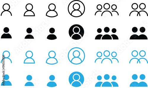 Variations of stylized icons depicting single and grouped human figures with different colors and outlines Vector, illustration