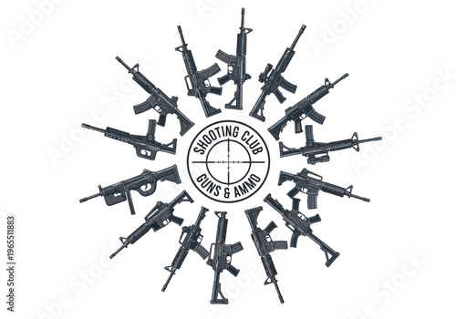 Tactical Shooting Club Emblem with Circle of Assault Rifles, Guns and Ammo Logo with Crosshair and AR-15 Firearms