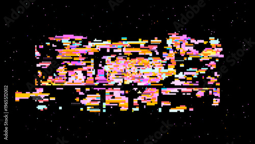 Pixelated glitch vector with red pink tones, digitalism concept in data visualization aesthetics for tech and gaming use. Dark background with subtle noise enhances contrast. Ideal for tech brandin...