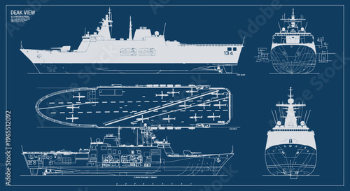 Technical Blueprint of a Modern Naval Warship showing Profile, Deck, and Elevation Views on Blue Grid Background