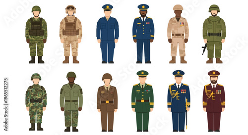 Set of Military Characters in Various Uniforms and Ranks, Flat Vector Illustration of Soldiers, Officers, and Tactical Personnel Isolated on White Background