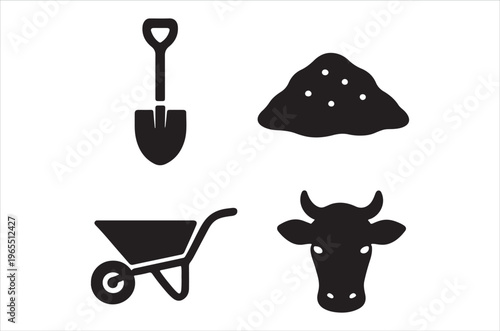 Farming icons depicting a shovel pile wheelbarrow and cow head